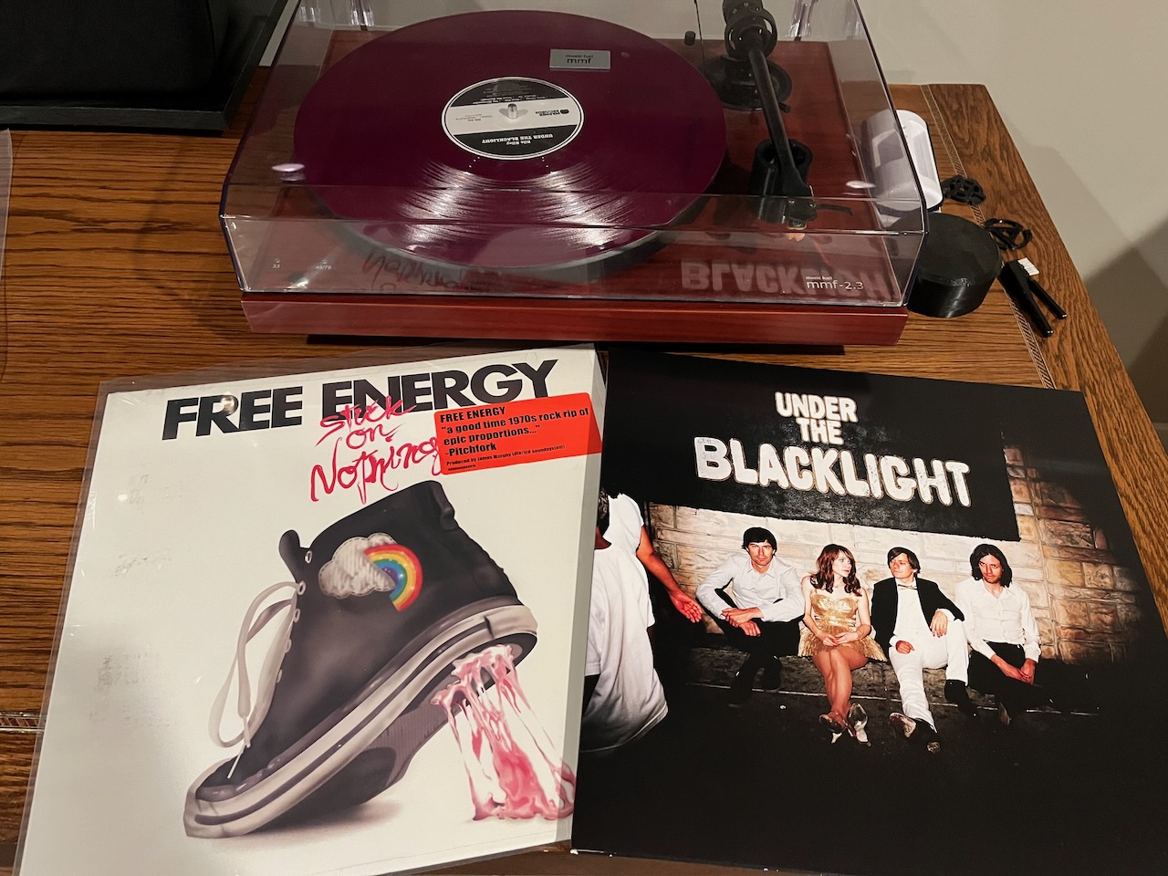 In front of my record player lay two albums, on the left Free Energy's Stuck on Nothing and on the right, Rilo Kiley's Under the Blacklight